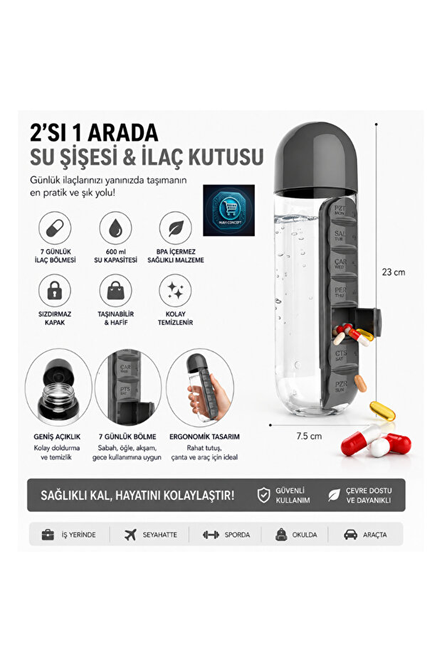 Water Bottle & Medicine Box 2 in 1 600 ml Water Bottle