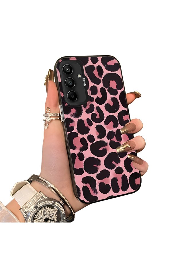 Samsung Galaxy A15 4G/5G Compatible Pink Back Black Leopard Pattern Acrylic Back Silicone Edge Phone Case