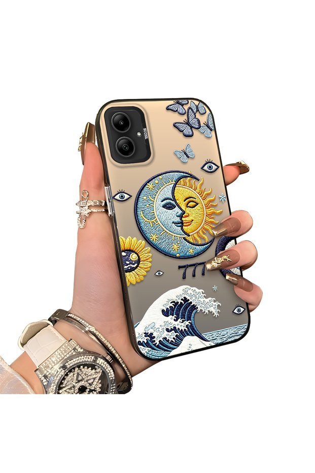 Samsung Galaxy A05 Compatible Sun-Moon Eye and Wave Butterfly Pattern Acrylic Back Silicone Edge Phone Case