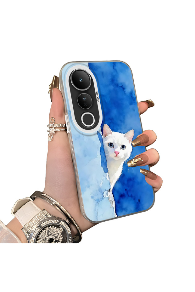 For Vivo V50 Lite 4G/5G Compatible Cute White Cat Pattern Acrylic Back Silicone Edge Phone Case