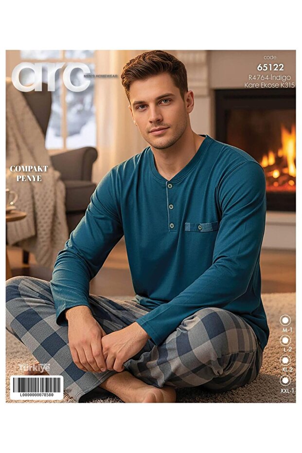 Men's Buttoned Square*Plaid Indigo Long Sleeve Pajama Set