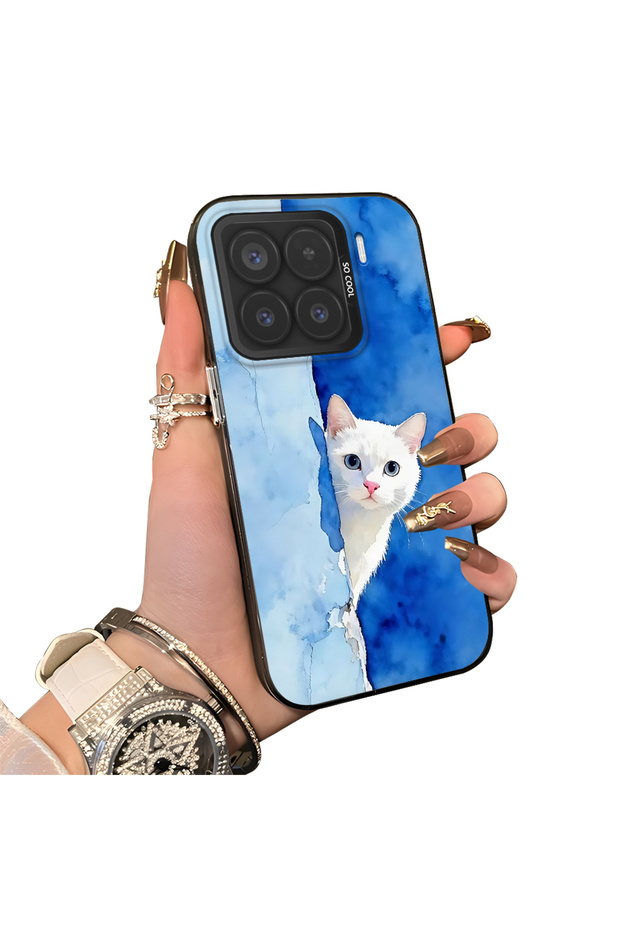 Xiaomi Mi 15 5g Compatible Cute White Cat Pattern Acrylic Back Silicone Edge Phone Case