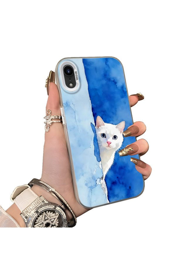 iPhone Xr Compatible Cute White Cat Pattern Acrylic Back Silicone Edge Phone Case