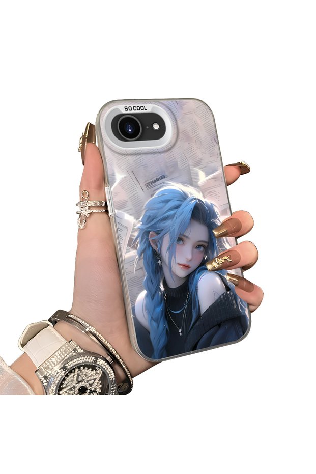 iPhone 16E Compatible Blue Haired Anime Girl Patterned Acrylic Back Silicone Edge Phone Case