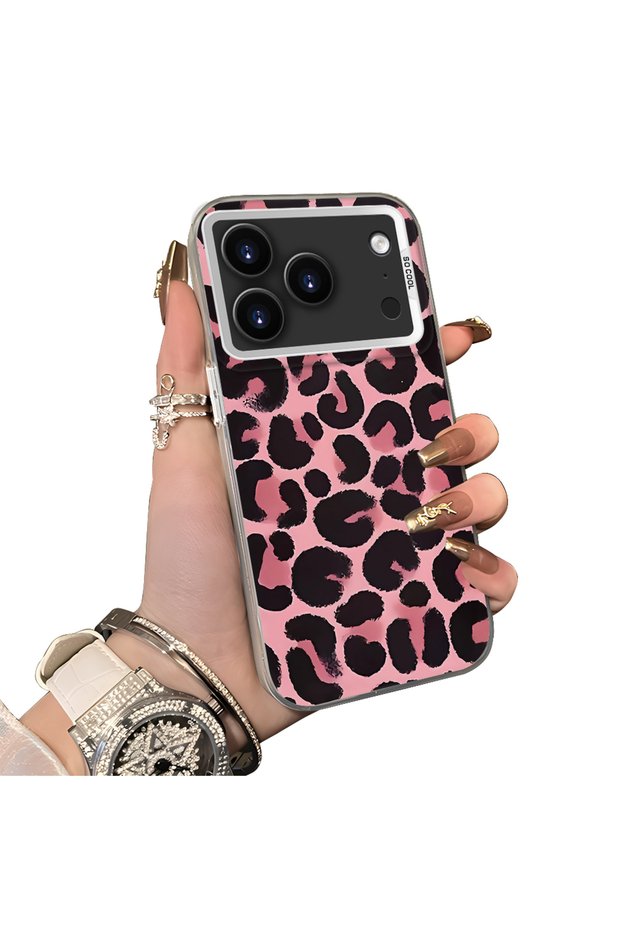 iPhone 17 Pro Max Compatible Pink Back Black Leopard Pattern Acrylic Back Silicone Edge Phone Case