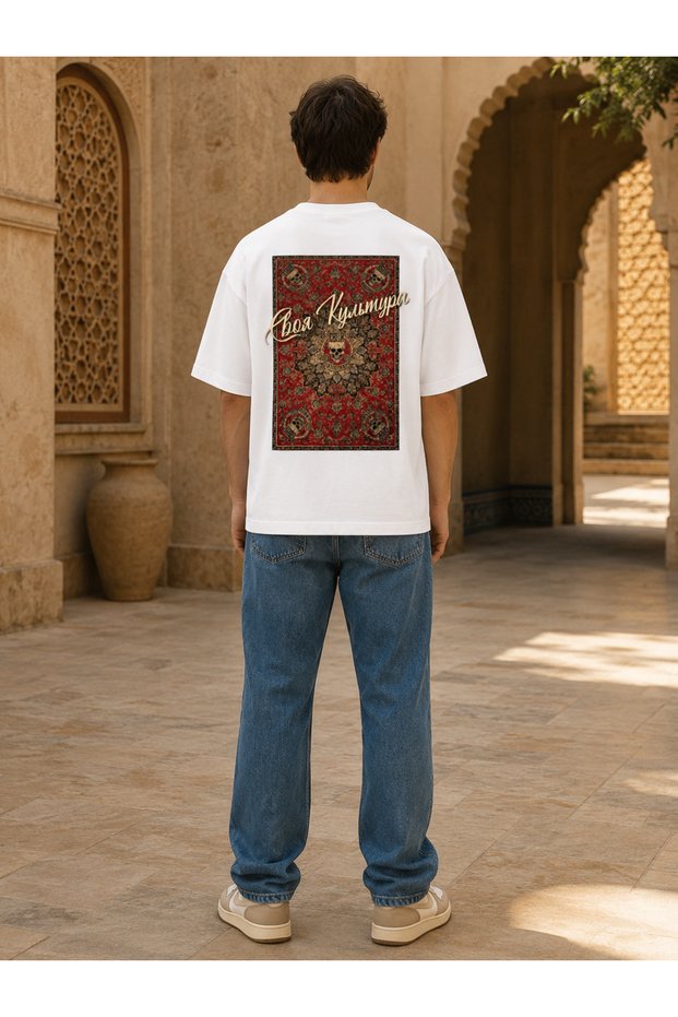 Men's Cotton Oversize Ethnic Pattern Printed T-Shirt with Back Print, Crew Neck, Short Sleeve, Casual Comfortable Cut T-Shirt