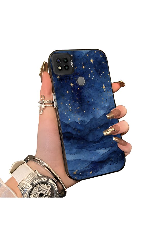 Xiaomi Redmi 9C/10A Compatible Navy Blue Watercolor Mountain-Star Art Pattern Acrylic Back Silicone Edge Phone Case