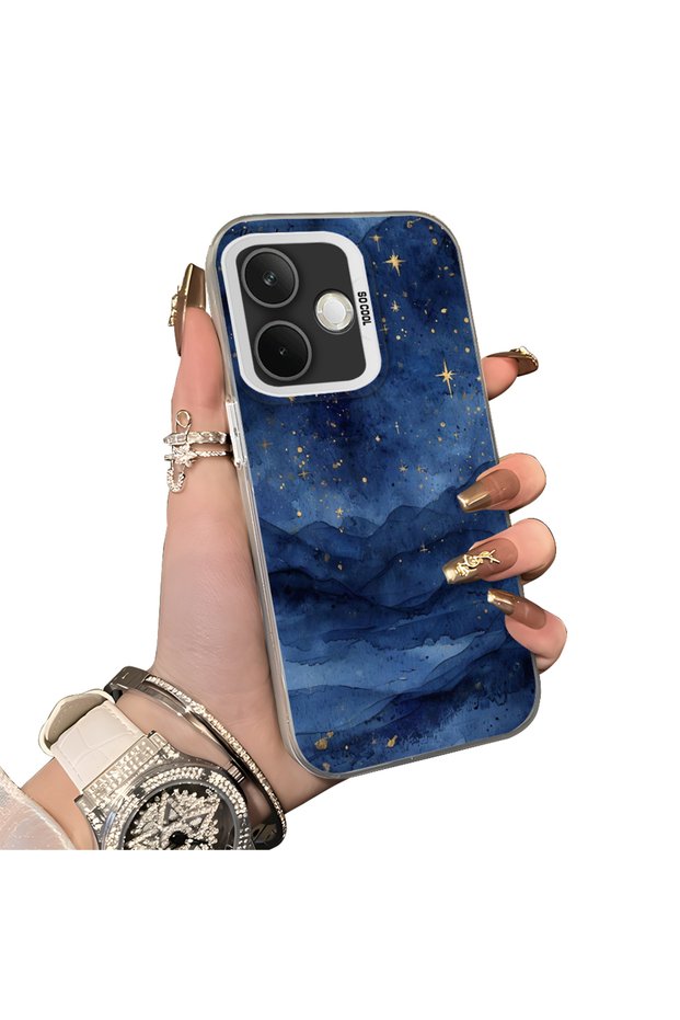 Oppo A5 Pro 4G/5G Compatible Navy Blue Watercolor Mountain-Star Art Pattern Acrylic Back Silicone Edge Phone Case