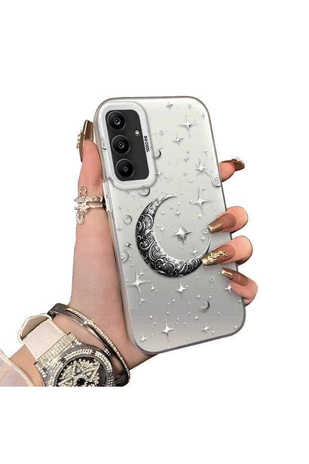 Samsung Galaxy A25 Compatible Silver Carved Moon and Star Pattern Non-Transparent Acrylic Back Silicone Edge Case