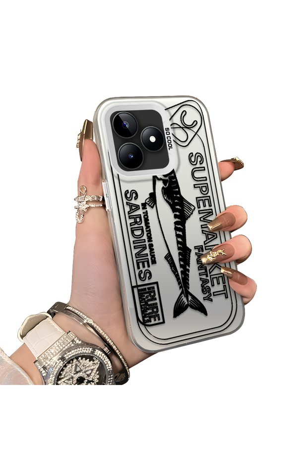 Realme Note 50 Compatible Canned Sardine Fish Sketch Patterned Non-Transparent Acrylic Back Silicone Edge Case