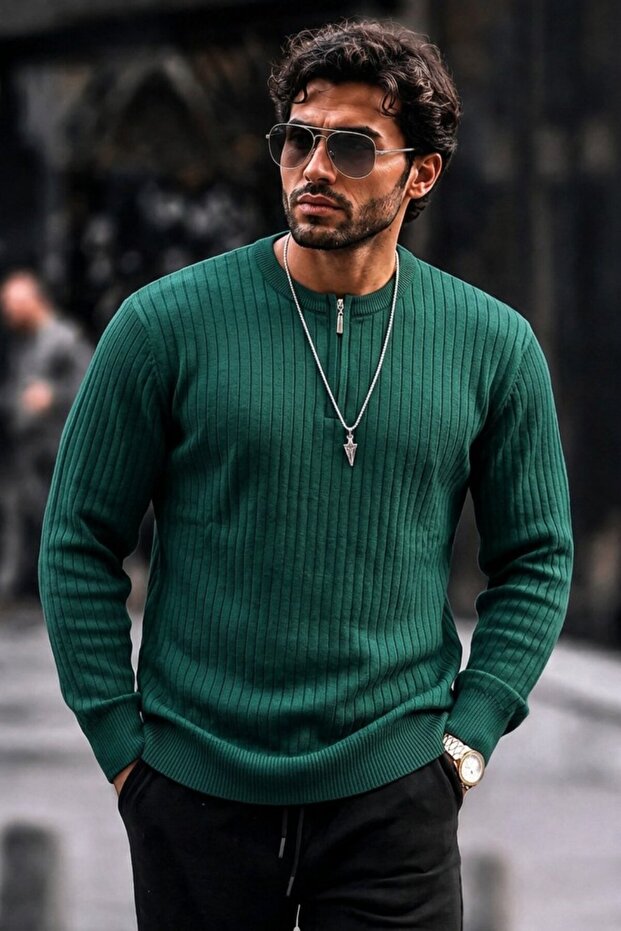 Men's Regular Striped Casual Green Knit Sweater