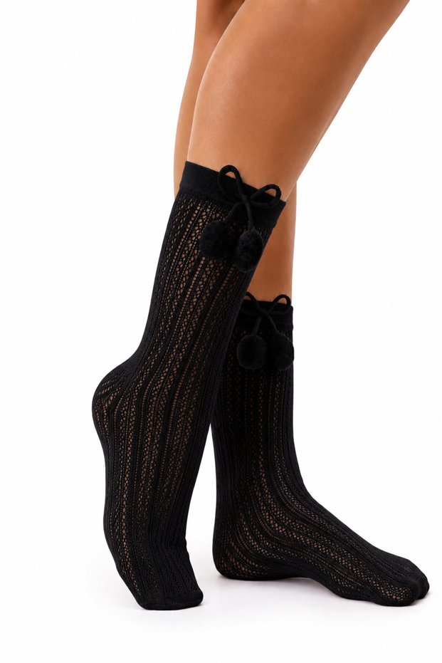 Girls' Knee High Socks with Pompom Bowknot Openwork Knitted Pattern Long Socks 2-5 / 6-12 Years Old Black White