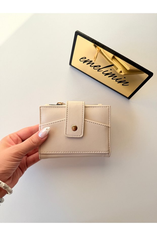 Women's Cream Leather Luxury Design Mini Wallet and Card Holder with Snap Pocket Detail