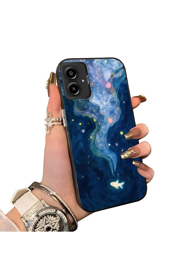 For Samsung Galaxy A06 4G/5G Compatible Dreamy Starry Sea Fish Pattern Acrylic Back Silicone Edge Phone Case