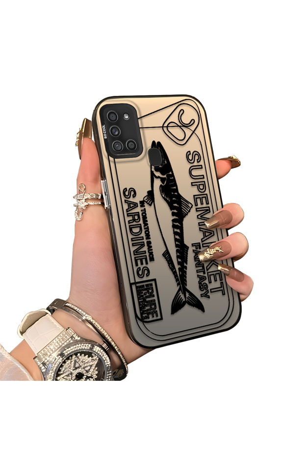 Samsung Galaxy A21S Compatible Canned Sardine Fish Sketch Patterned Non-Transparent Acrylic Back Silicone Edge Case
