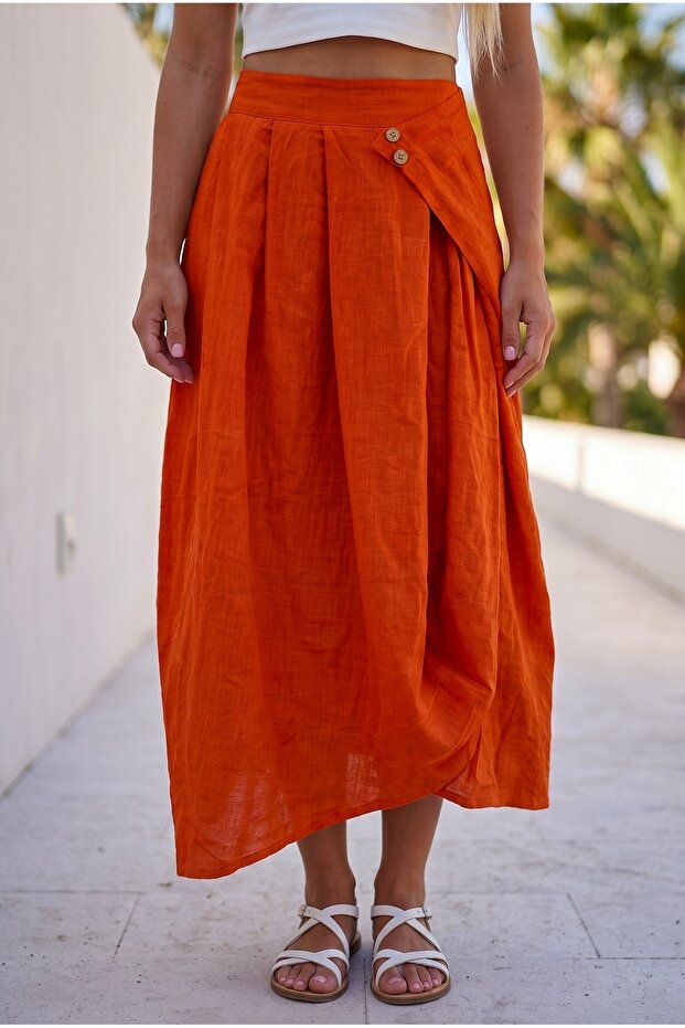 Orange Pocketed Unlined Elastic Waist Casual Linen Look Asymmetrical Woven Skirt 90 75