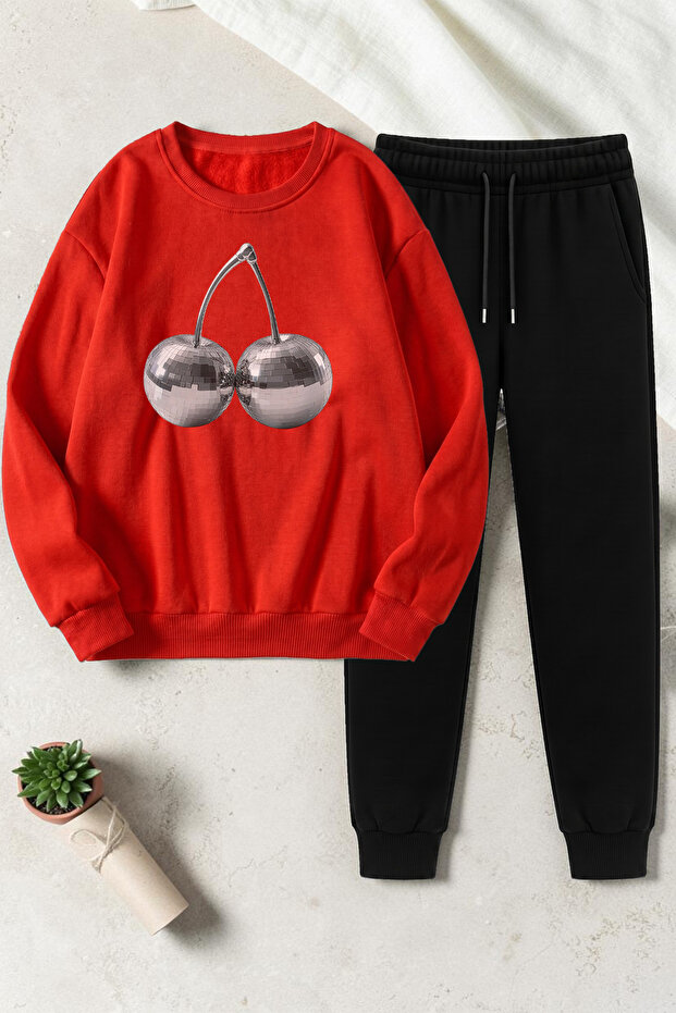 Unisex Disco Ball Cherry Design Printed Crew Neck Sweatshirt - 2-Piece Tracksuit Set
