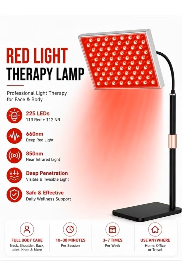 LED Red Light Therapy Lamp, 660nm 850nm Infrared, Adjustable Stand, 225 LEDs