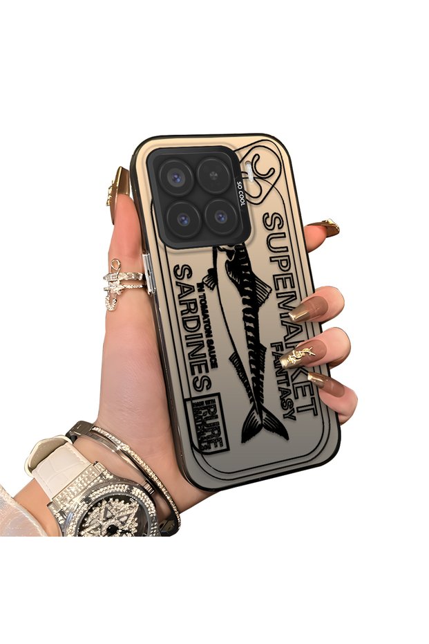 Xiaomi Mi 15 5g Compatible Canned Sardine Fish Sketch Patterned Non-Transparent Acrylic Back Silicone Edge Case