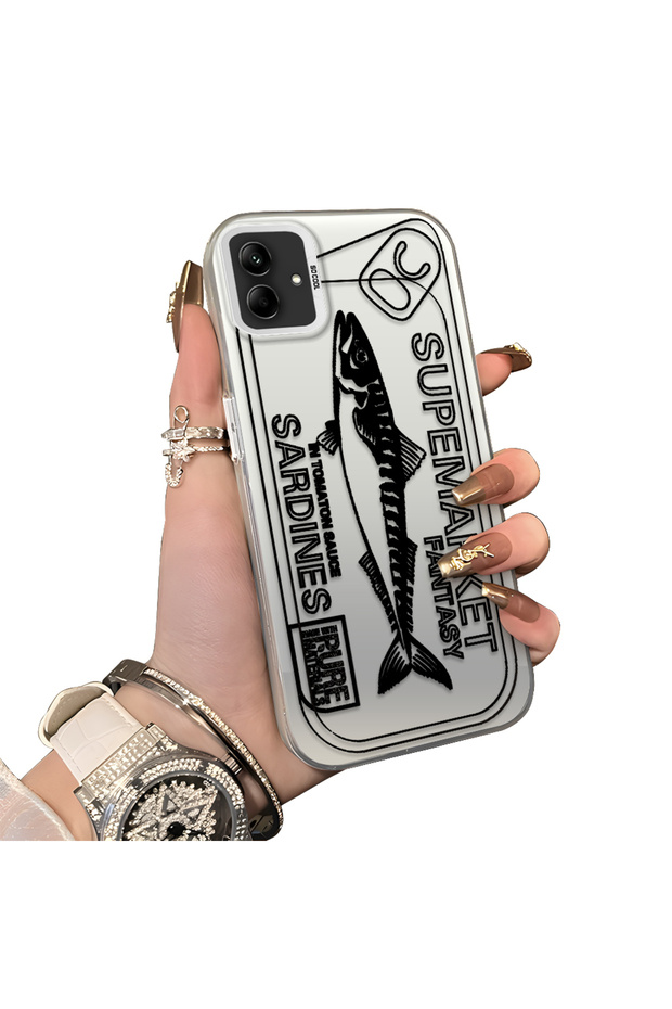 Samsung Galaxy A03/A04E/A04 Compatible Canned Sardine Fish Sketch Pattern Non-Transparent Acrylic Back Silicone Edge Case