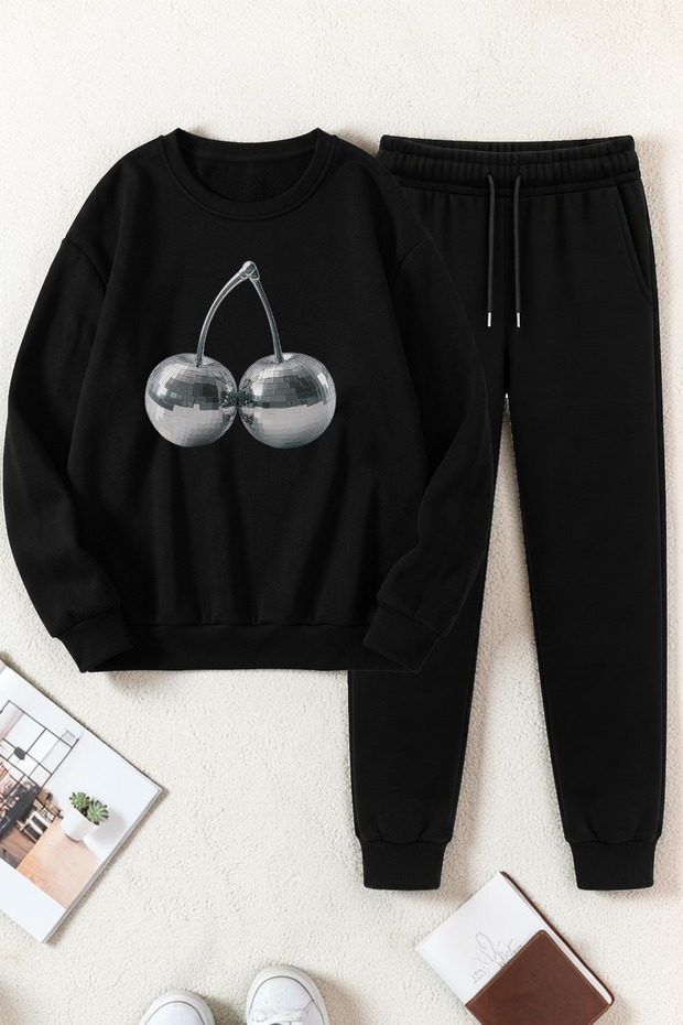 Unisex Disco Ball Cherry Design Printed Crew Neck Sweatshirt - 2-Piece Tracksuit Set