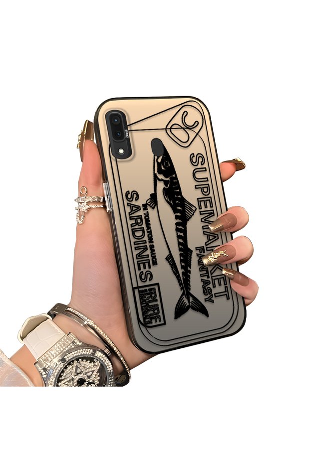 Samsung Galaxy A30/A20 Compatible Canned Sardine Fish Sketch Patterned Non-Transparent Acrylic Back Silicone Edge Case