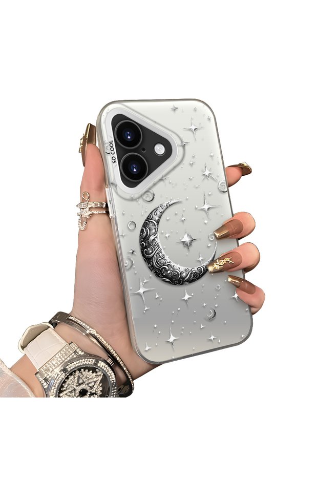 iPhone 16 Plus Compatible Silver Carved Moon and Star Pattern Non-Transparent Acrylic Back Silicone Edge Case