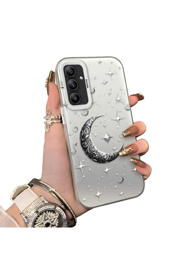 Samsung Galaxy A34 Compatible Silver Carved Moon and Star Pattern Non-Transparent Acrylic Back Silicone Edge Case