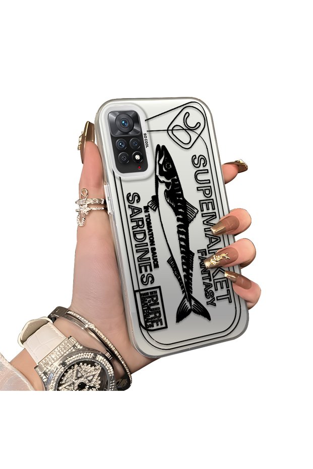 Xiaomi Redmi Note 11 Pro 4G/5G Compatible Canned Sardine Fish Sketch Patterned Non-Transparent Acrylic Back Silicone Edge Case