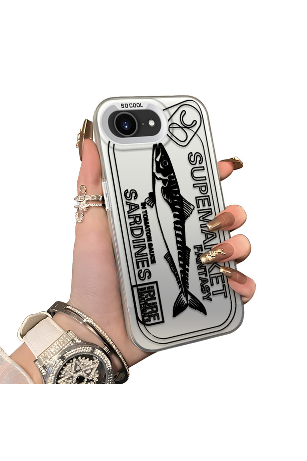 iPhone 16E Compatible Canned Sardine Fish Sketch Pattern Non-Transparent Acrylic Back Silicone Edge Case