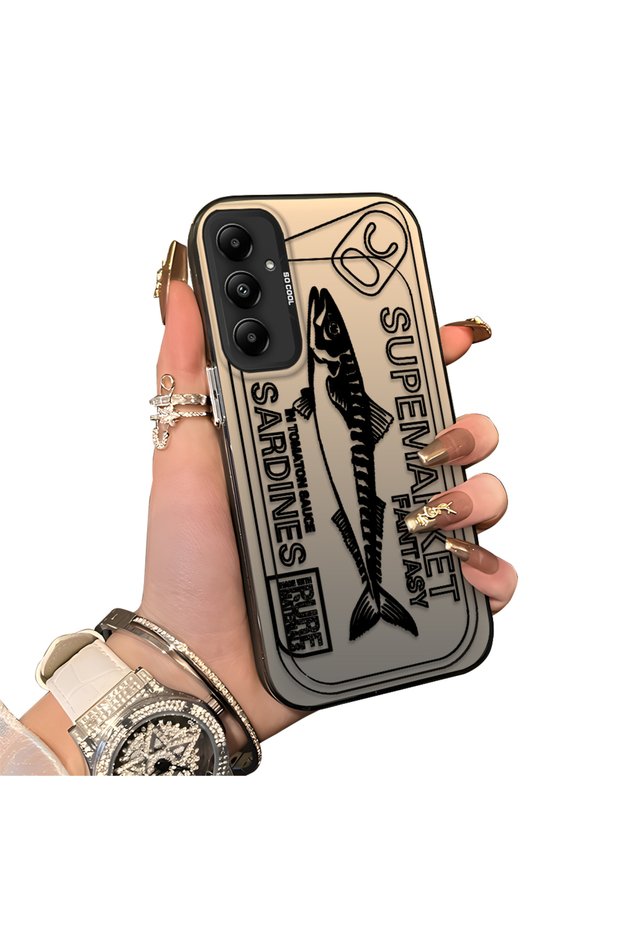 Samsung Galaxy A05S Compatible Canned Sardine Fish Sketch Pattern Non-Transparent Acrylic Back Silicone Edge Case