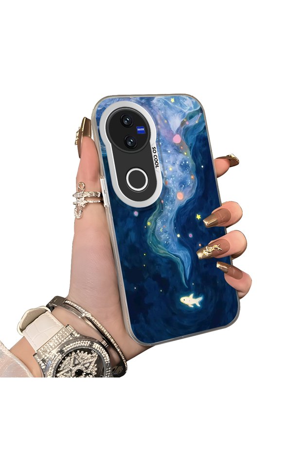 Vivo V50 Compatible Dreamy Starry Sea Fish Pattern Acrylic Back Silicone Edge Phone Case
