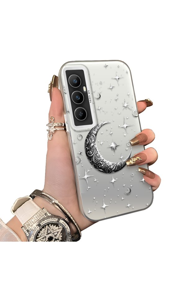 Realme C65 4g Compatible Silver Carved Moon and Star Pattern Non-Transparent Acrylic Back Silicone Edge Case
