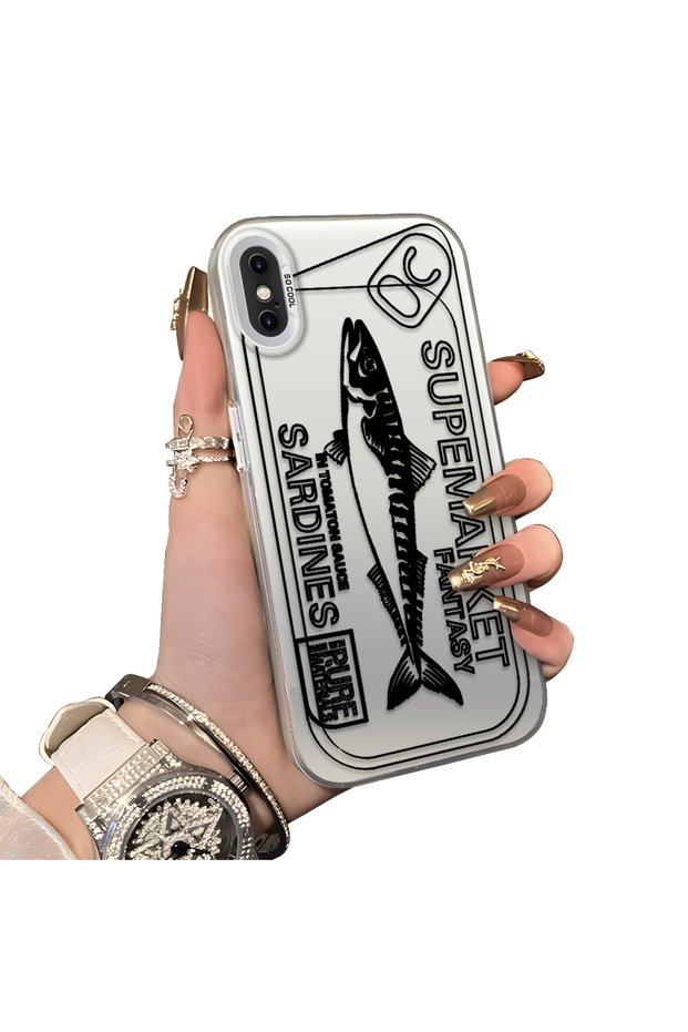 iPhone XS Max Compatible Canned Sardine Fish Sketch Pattern Non-Transparent Acrylic Back Silicone Edge Case
