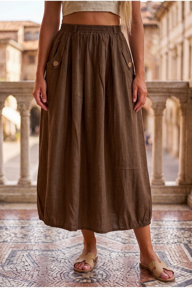 Cinnamon Color Pockets Unlined Elastic Waist Casual Linen Look Oversize Woven Skirt 95 75