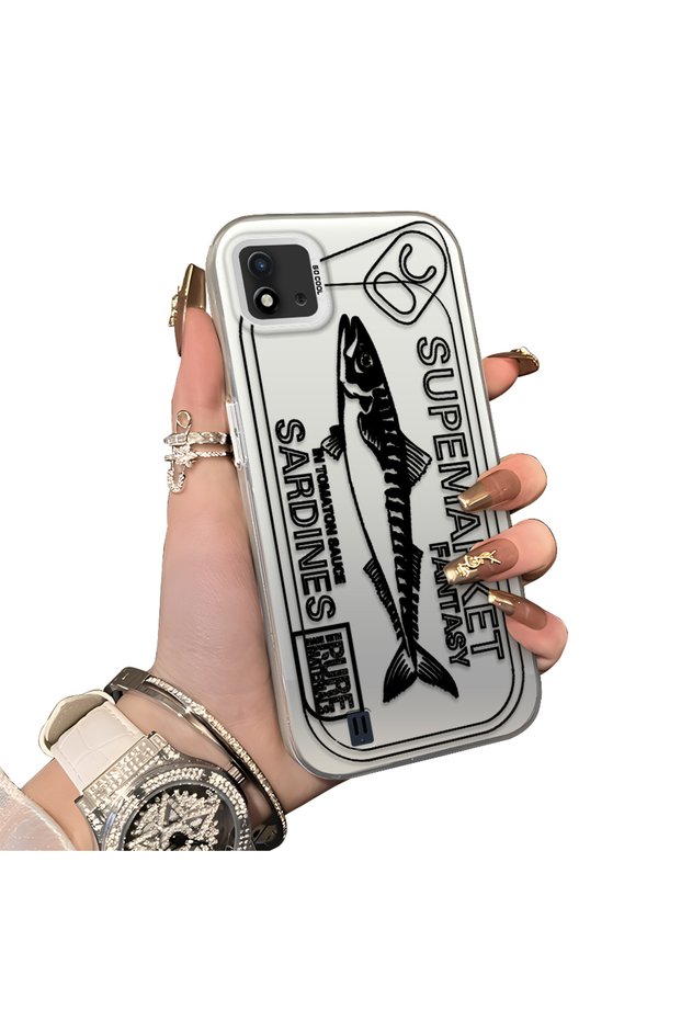 Realme C11 2021 Compatible Canned Sardine Fish Sketch Patterned Non-Transparent Acrylic Back Silicone Edge Case