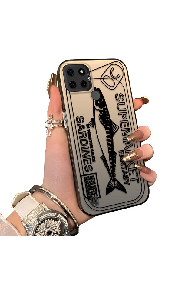 Realme C21Y/C25Y Compatible Canned Sardine Fish Sketch Patterned Non-Transparent Acrylic Back Silicone Edge Case