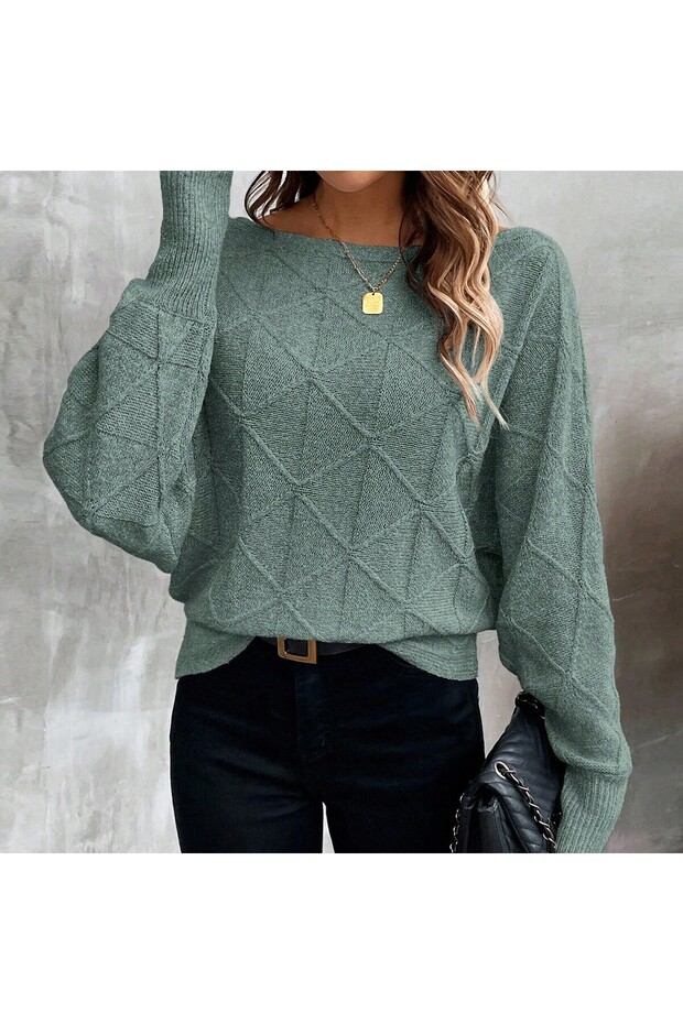 Relaxed Fit Boat Neck Batwing Sleeve Sweater