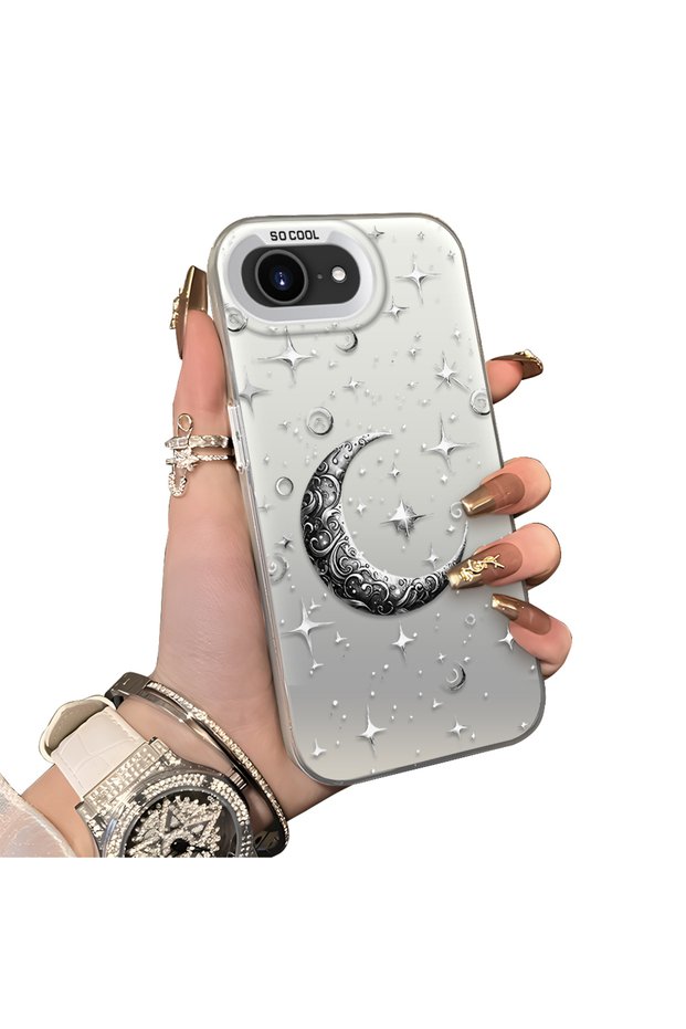 iPhone 16E Compatible Silver Carved Moon and Star Pattern Non-Transparent Acrylic Back Silicone Edge Case