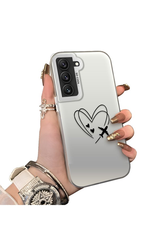 Samsung Galaxy S22 Compatible Line Heart and Airplane Pattern Non-Transparent Acrylic Back Silicone Edge Phone Case