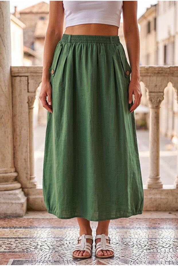Green Pocketed Unlined Elastic Waist Casual Linen Look Oversize Woven Skirt 95 75