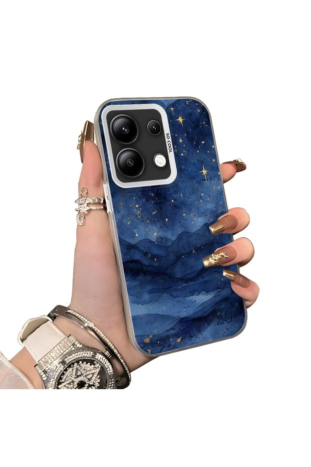 Xiaomi Redmi Note 13 4g Compatible Navy Blue Watercolor Mountain-Star Art Pattern Acrylic Back Silicone Edge Phone Case