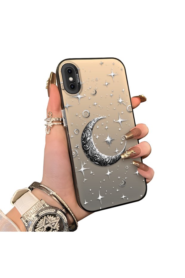 iPhone X/Xs Compatible Silver Carved Moon and Star Pattern Non-Transparent Acrylic Back Silicone Edge Case