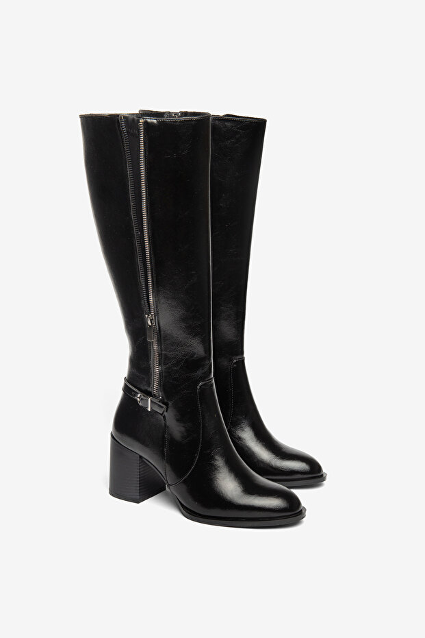 Black Shiny Belt Buckle and Zipper Detailed Round Toe Boots