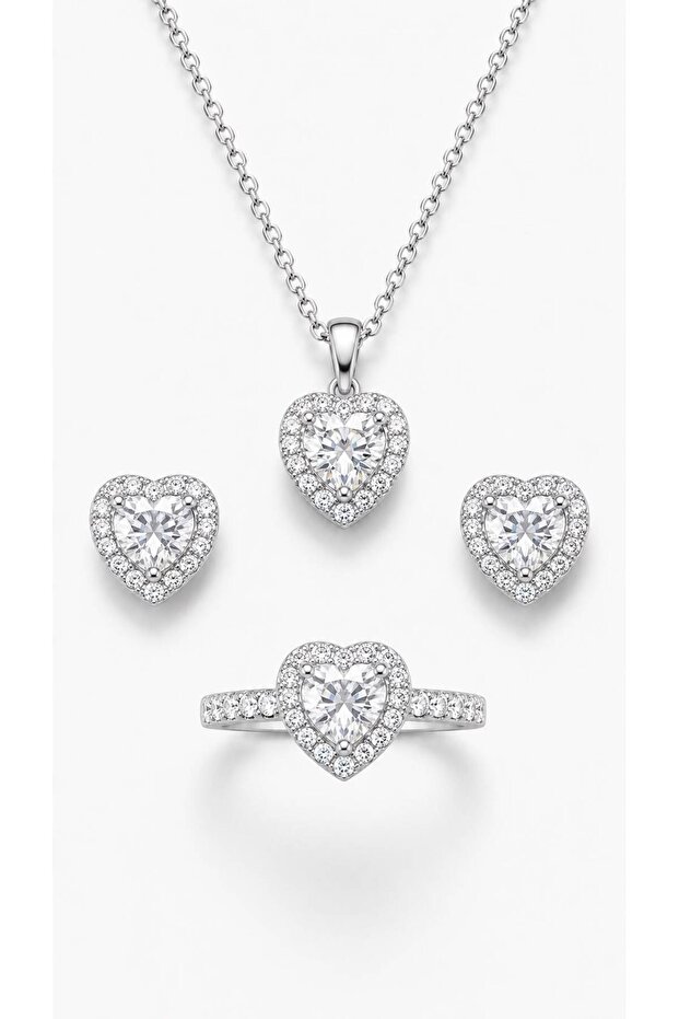 Crystal Stone Heart Pendant Earrings and Adjustable Ring 3-Piece Jewelry Set Silver Color