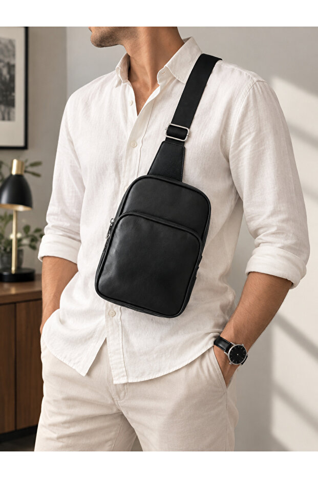 Genuine Lambskin Men's Chest Bag Black – Single Strap Cross Shoulder Bag Multi-Compartment Body Bag