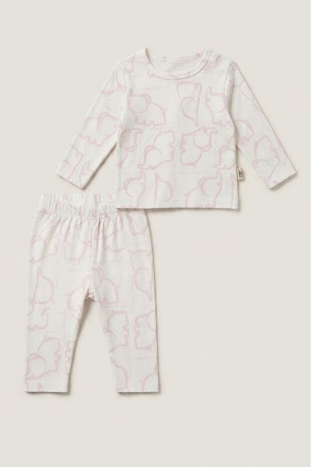 Baby Girl 2-Piece 100% Cotton White Pink Patterned Long Sleeve Top and Bottom Pajama Set