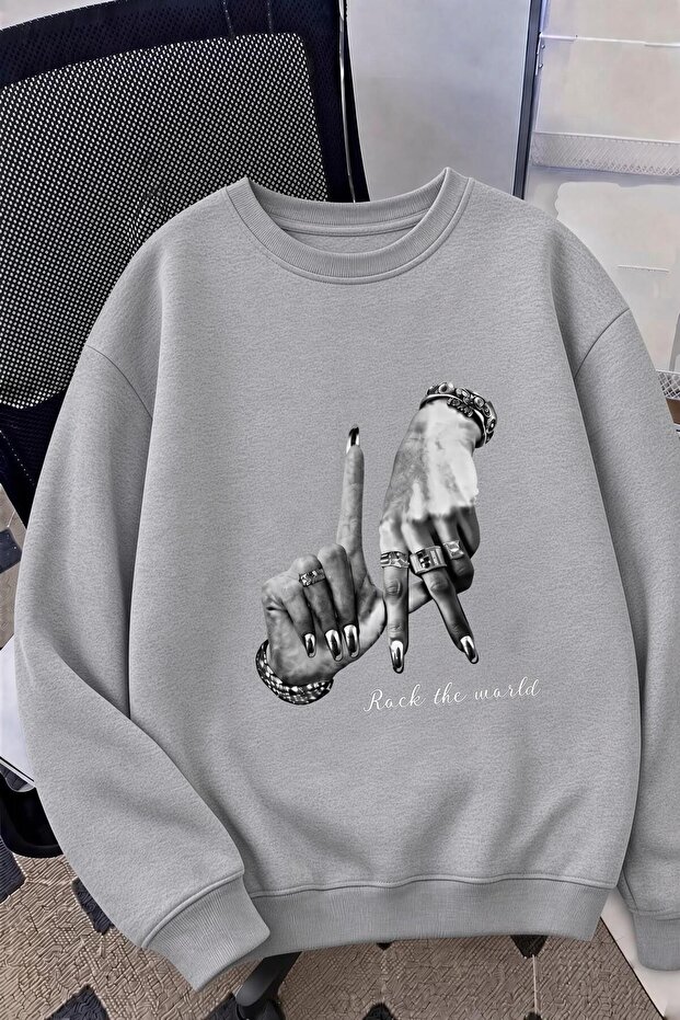 Bs Unisex Oversize La Back Printed "Rock the World" Two-Thread Raised Crew Neck Sweatshirt