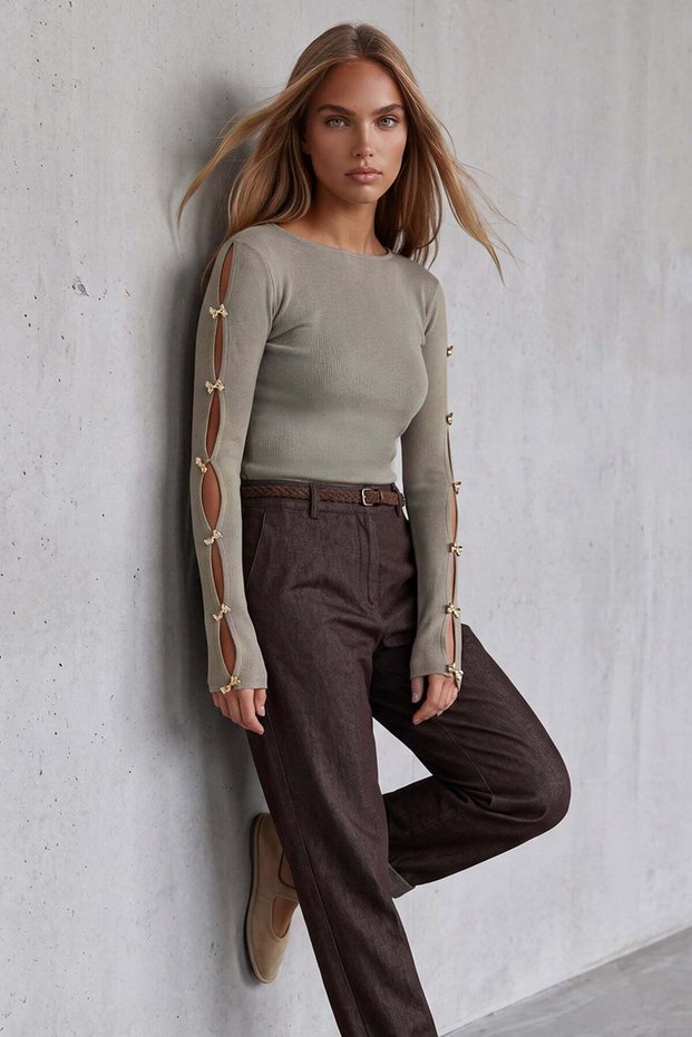 Women's Beige Crew Neck Sleeve Gold Button Detailed Ottoban Blouse Alc-X14336