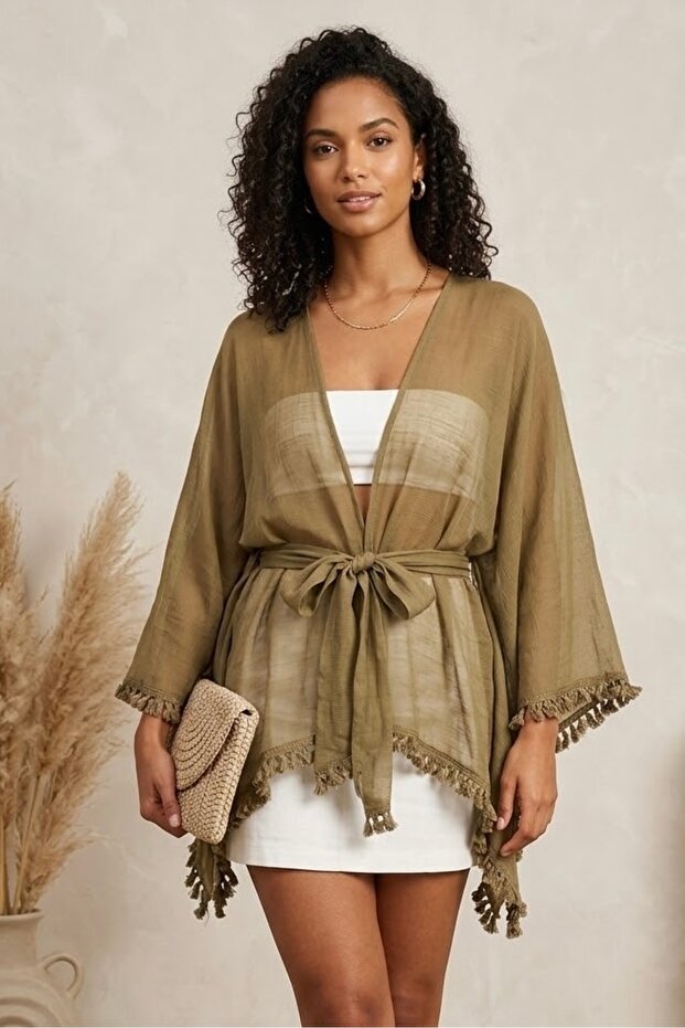 Tasseled Belted Kimono Shirt Per5101